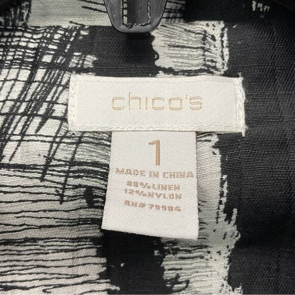 Chico's Linen Blend Blazer Women's Size 1 (S/8) Black/White Abstract Lightweight - Picture 2 of 11